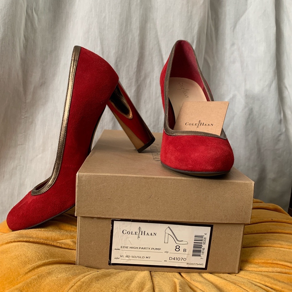 NWT Cole Haan Red Suede+Metallic Heels